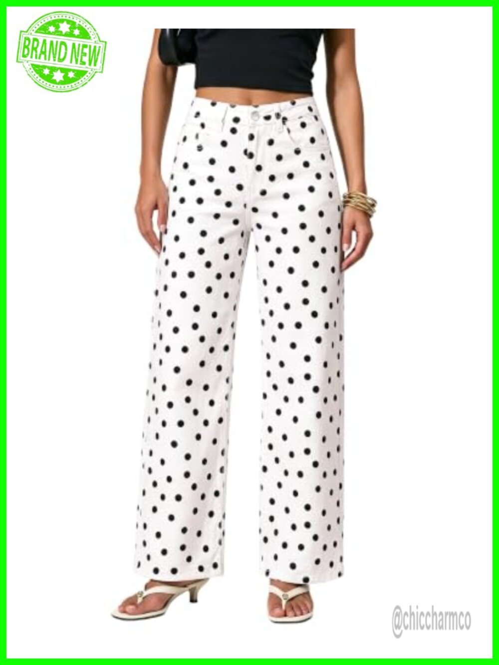 High Waisted Wide Leg Jeans Stretch Denim Polka Dot Pants